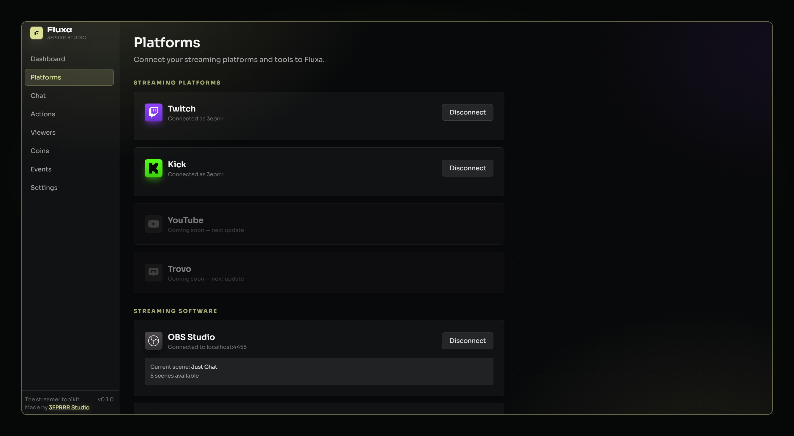 Fluxa platform connections for Twitch, Kick and streaming software