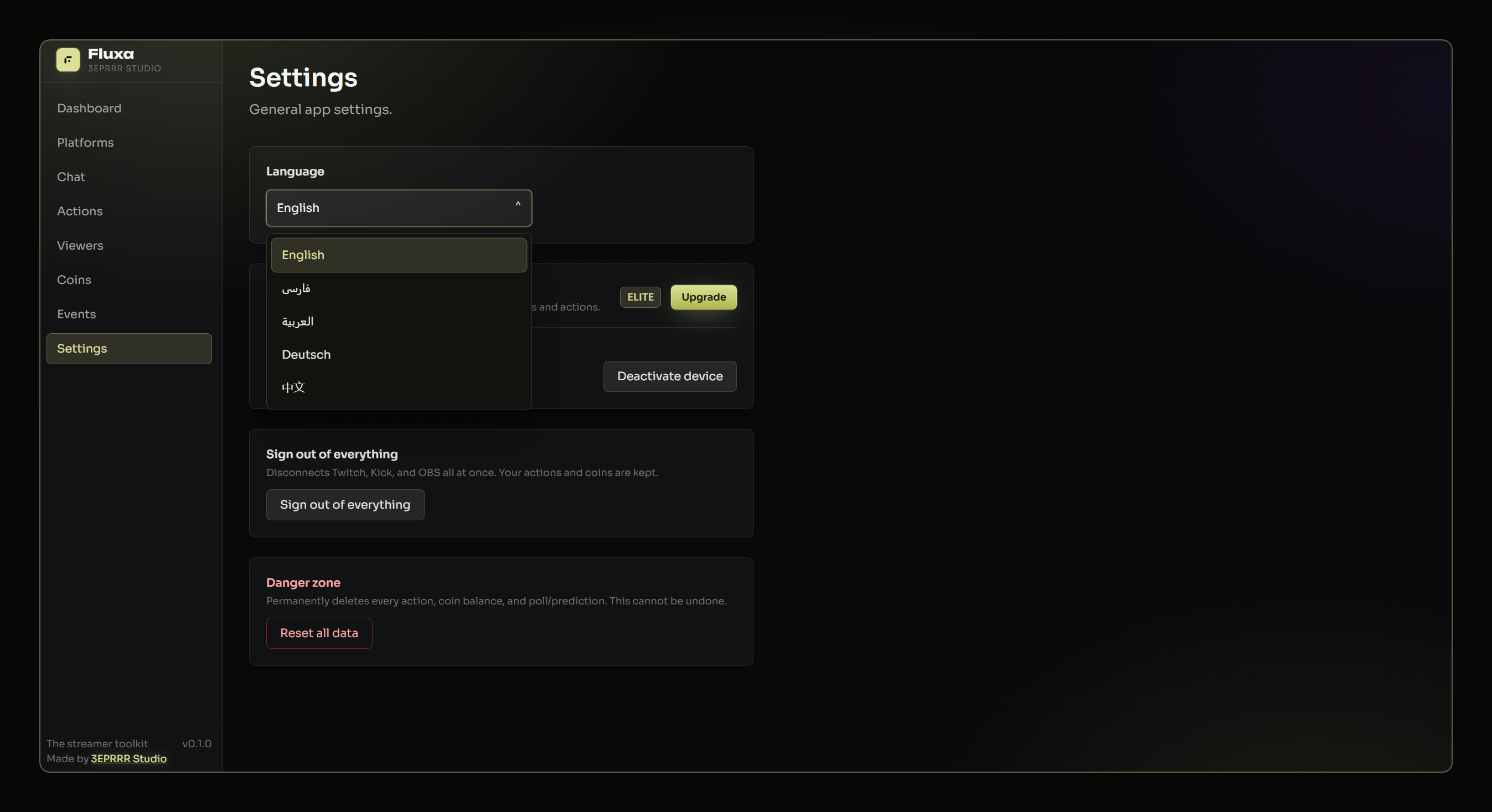 Fluxa language and license settings